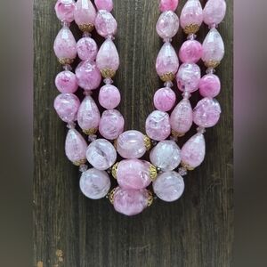 50's West Germany Pink Beaded Necklace Triple Strand MCM Jewelry Costume Fashion